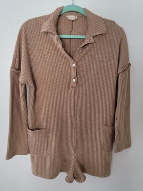 Altar'd State Ribbed Henley Romper in Tan Xs Oversized
